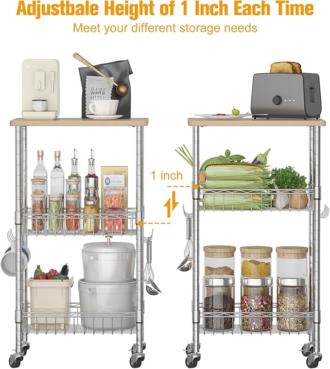 Homeiju Rolling Kitchen Storage Cart, 3-Tier Storage Rack on Caster Wheels with Adjustable 2 Baskets, Coffee Station Cart Rack Shelf Organizer for Living Room Office, Balcony, Chrome/Silver