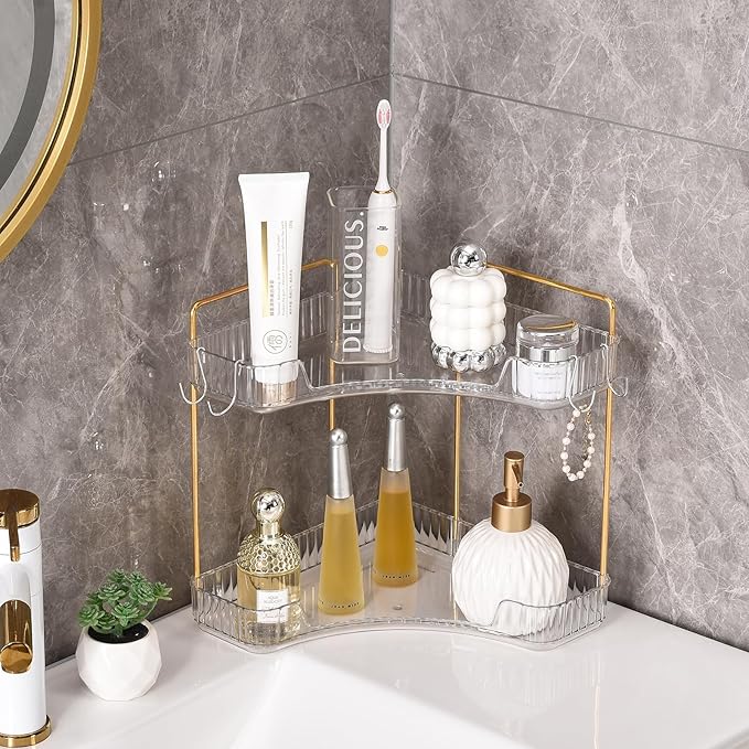 2 Tier Plastic Bathroom Sink Organizer with Hooks, Corner Bathroom Counter Organizer Makeup Storage Vanity Tray for Countertop (White Gold)
