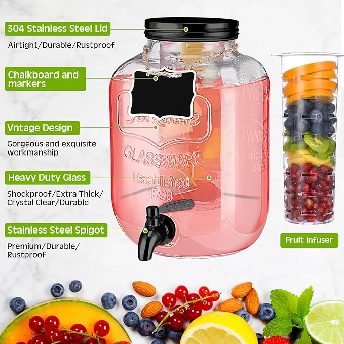 Lallisa 2 Pcs 2 Gallon Glass Drink Dispenser with Stand Ice Cylinder Hanging Chalkboard Signs 18/8 Stainless Steel Spigot Beverage Dispensers for Parties Mason Jar Drink Lemonade (Black Spigot)
