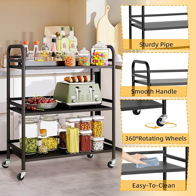 HDANI 3 Tier Metal Utility Multipurpose Rolling Cart,Large Capacity Heavy Duty Cart with Lockable Wheels Rolling Cart with 2 Lockable Wheels for Home,Office,Kitchen,Bathroom,Bedroom(Black)
