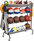 Basketball Rack, 4-Layer Ball Rack Rolling Balls Organizer with Baseball Bat Holder & Hooks Sport Equipment Storage Cart with Wheels for Football, Volleyball, Soccer