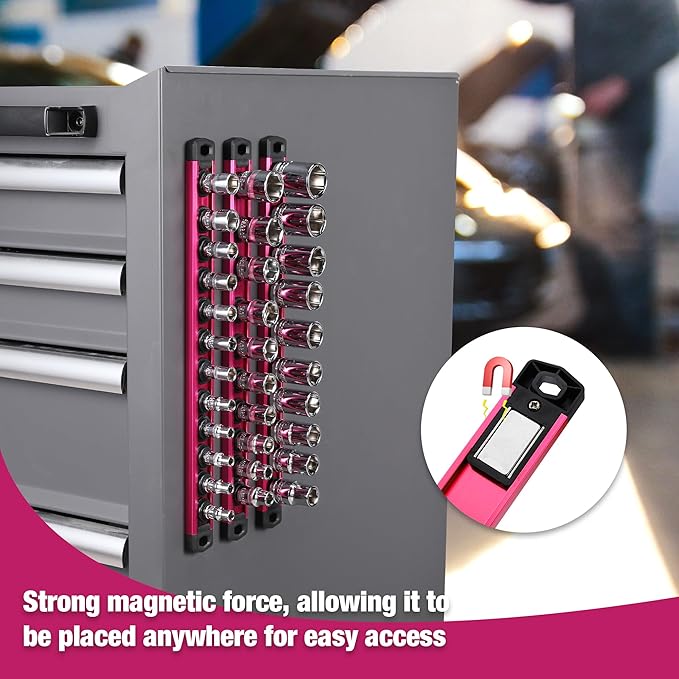 WORKPRO Magnetic Socket Organizer, 1/2-Inch Drive Aluminum Alloy Socket Rail, Heavy Duty Socket Holder, Socket Rack Kit 1/2-Inch x 10 Clips Rose Red(Socket not Included)