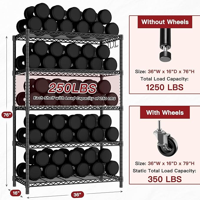 PrimeZone 2 Packs 36" W x 16" D x 79" H Wire Storage Shelves with Wheels, 5 Tier NSF Certified Heavy Duty Adjustable Kitchen Shelving Unit, Pantry Organizer Rack Rolling Metal Shelf for Garage Closet