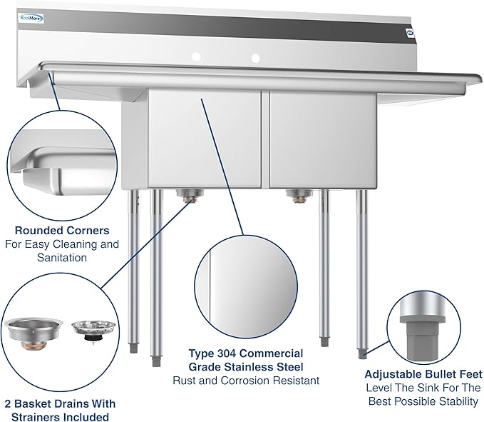 KoolMore - SB141611-12B3 2 Compartment Stainless Steel NSF Commercial Kitchen Prep & Utility Sink with 2 Drainboards - Bowl Size 14" x 16" x 11", Silver