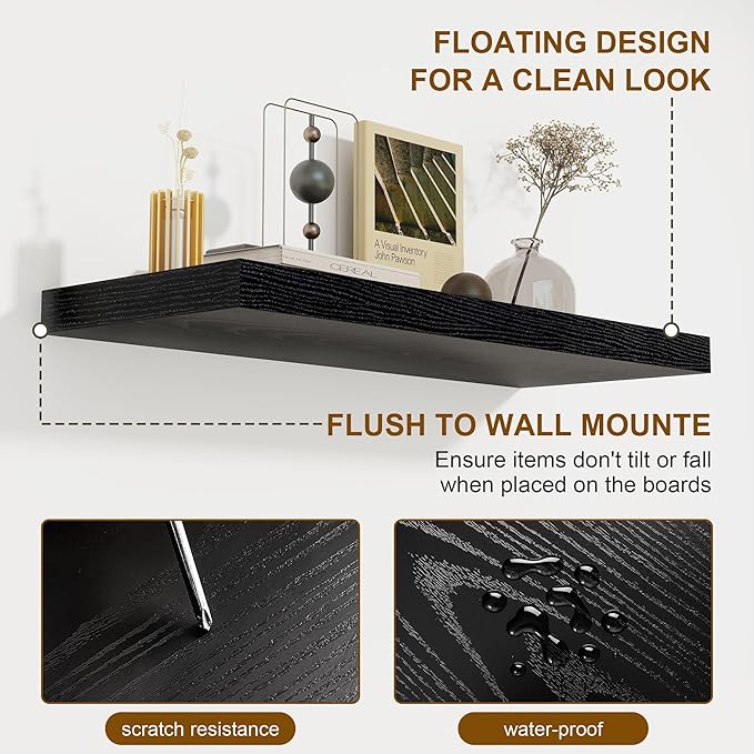 Fun Memories 40 Inch Floating Shelves Set of 2, 8 Inch Deep Wall Shelf, Rustic Wood Storage Shelves for Bedroom, Kitchen, Bathroom, Wall-Mounted Shelf with Invisible Brackets for Books|Storage Black