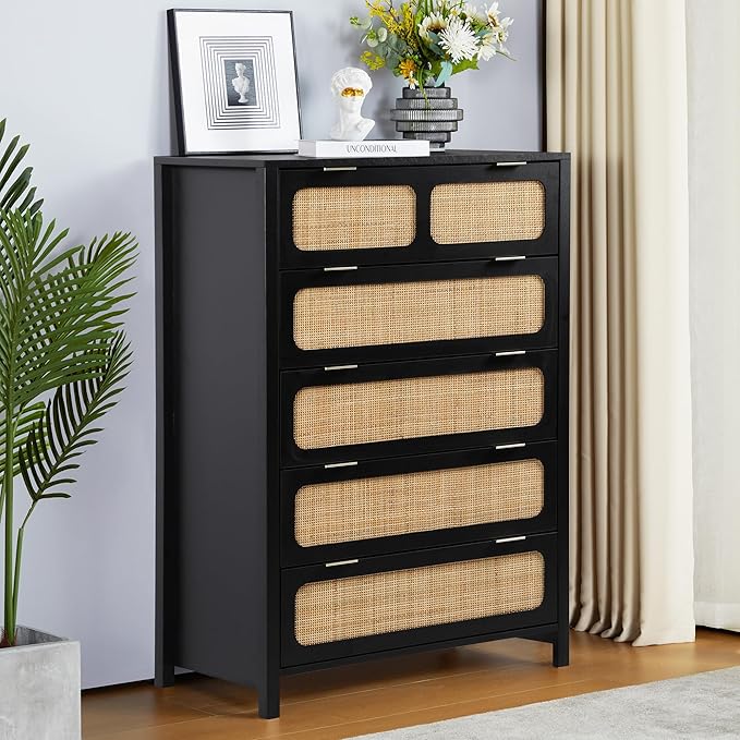 5 Drawer Dresser with Rattan Finish, Modern Farmhouse Chest of Drawers with Metal Handles, Accent Wood Storage Cabinet for Bedroom, Living Room (Black)