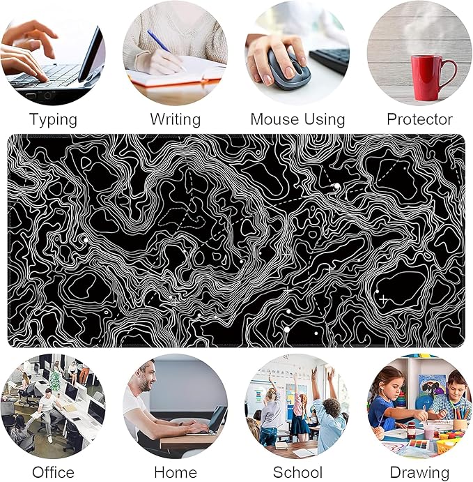 Black with White Topographic Line Large Mouse Pad,Gaming Keyboard Desk Pad,Extended Mouse Mat Non-Slip Rubber Base with Stitched Edges for Office Game Home XXL 35.4"x15.7"
