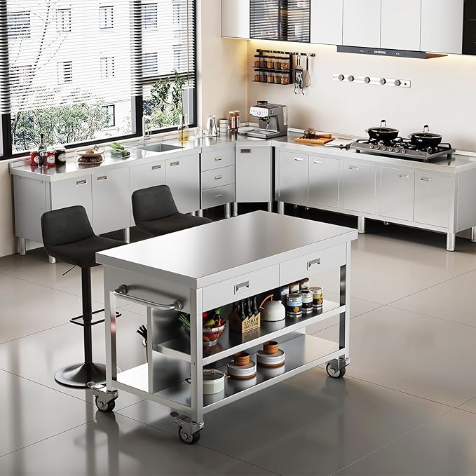 Stainless Steel Kitchen Island with Storage, Rolling Kitchen Island Cart on Wheels with 2 Drawers, Industrial Kitchen Cart, Commercial Portable Island for Kitchen, Bar, Outdoor Patio, 25 x 50 x 37 in