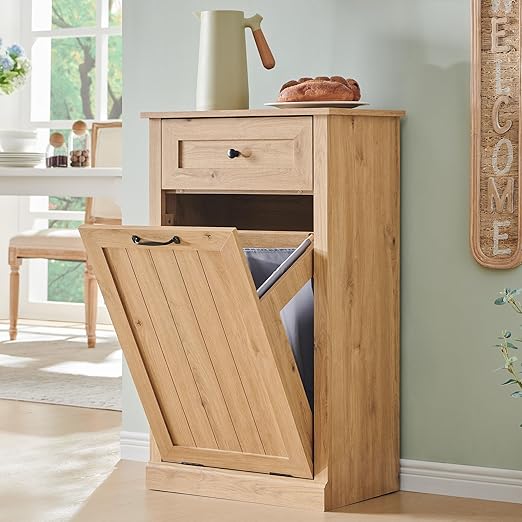 Tilt Out Trash Can Cabinet, 10 Gallon Farmhouse Laundry Hamper Cabinet with Drawer, Hidden Wooden Trash Garbage Can Bin with Storage Basket for Kitchen, Living Room (Natural)