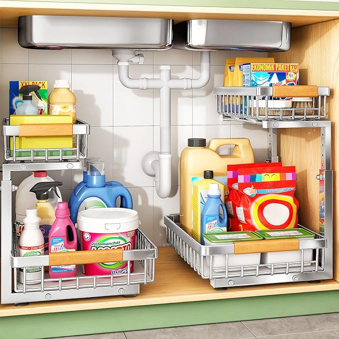 Under Sink Organizer, Stainless Steel 1-Pack 2 Tier Under Sink Organizers and Storage, Slide out Pull out Cabinet Shelf, Sliding Drawer for Kitchen Bathroom Pantry Cabinet Closet Organization Rack