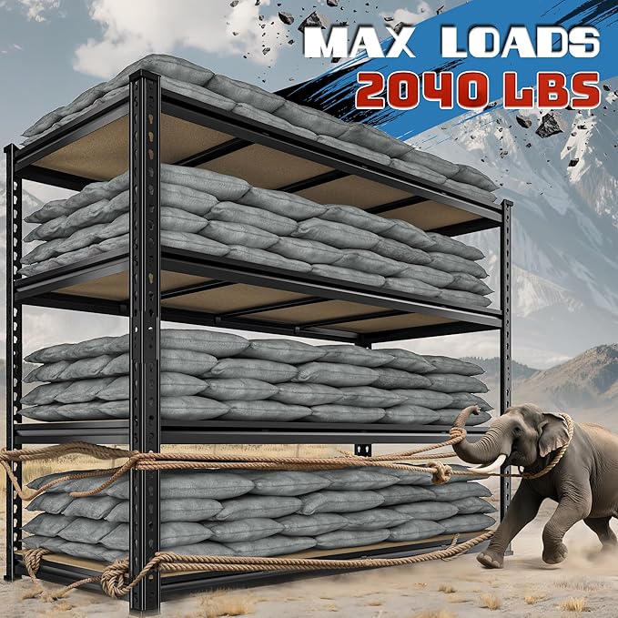 55" W Storage Shelves, 2040LBS Garage Shelving Heavy Duty, 4-Tier Storage Shelving, Adjustable Metal Shelving Unit for Garage, Warehouse, Pantry, Kitchen, 55" W × 24" D × 60" H