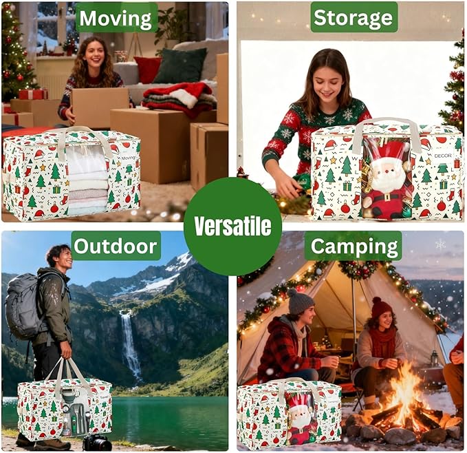VENO 2 Pack Moving Bags, Large Christmas Storage Bins with lids, Packing Supplies for College, Alternative to Moving Boxes, Foldable, Heavy-Duty Tote, Christmas Pattern (Jingle Mix, 2 Pack)