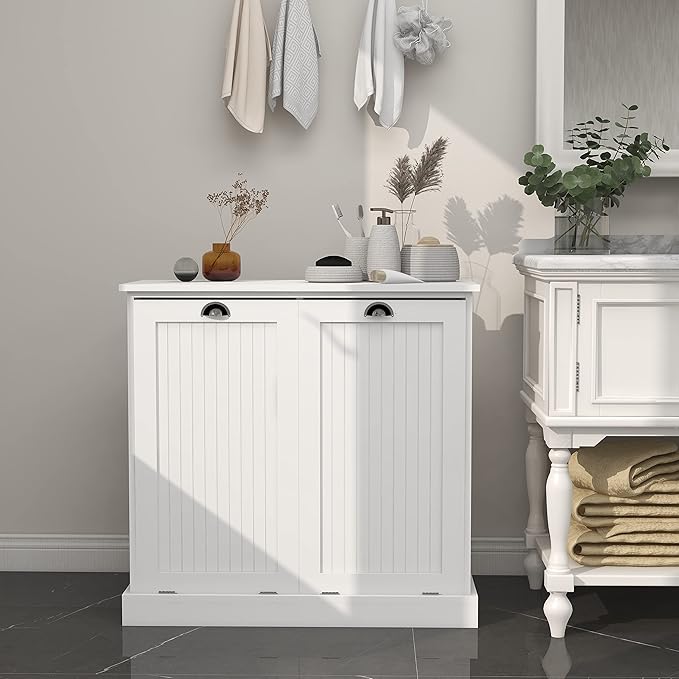 KEIKI Double Tilt-Out Laundry Hamper Cabinet with Removable Bags, Hidden Laundry Organizer for Bathroom or Laundry Room Cabinets, White