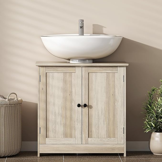 HOMCOM Under Sink Bathroom Cabinet, Pedestal Sink Storage Cabinet with 2 Doors, Shelf and U-Shape, Weathered Gray Oak
