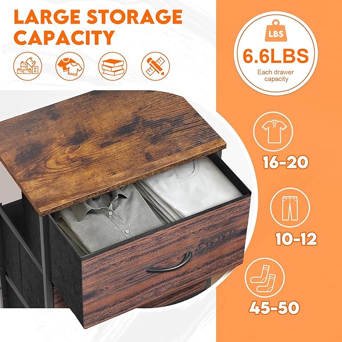 4 Fabric Drawer Dresser for Bedroom, Chest of Drawers with Waterproof Wood Top Tall Dresser for Hallway, Living Room, Kid Room (Rustic Brown)