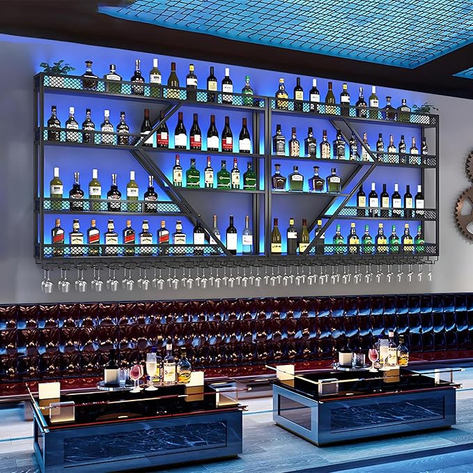 79inch Metal Wine Rack Wall Mounted, Modern Wine Storage Rack Wall Mounted with Wine Glass Holder, Liquor Shelf, Bar Shelves for Liquor Bottles (4 Tiers Black, 79 * 7.87 * 48.5INCH)