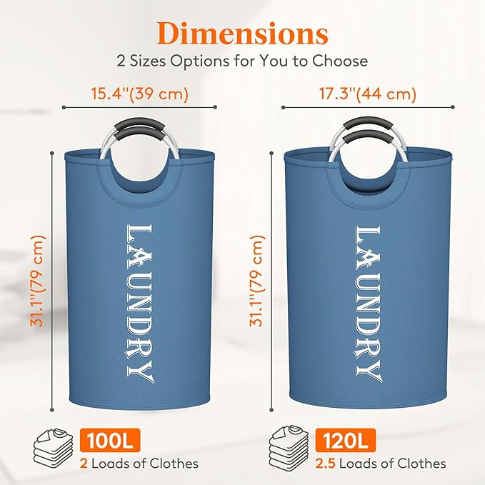 Lifewit 120L 2-Pack Large Laundry Basket, Collapsible Laundry Hamper with Aluminum Handles, Waterproof Freestanding Dirty Clothes Hampers for Laundry Room Bedroom Dorm Bathroom, Blue
