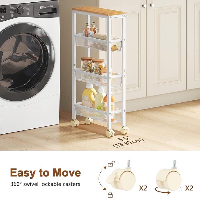 Hoctieon Slim Rolling Storage Cart, 4-Tier Narrow Kitchen Storage Cart with Handle & Wheels, Mobile Shelving Unit, Wooden Top & Metal Frame, Utility Cart for Kitchen, Small Spaces, Oak Beige