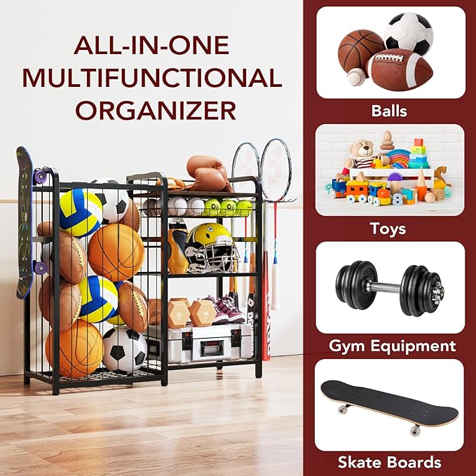 Garage Sports Equipment Organizer, Ball Storage for Gear and Toys, Large Capacity, Sports Organizer for Garage with Hooks and Baskets