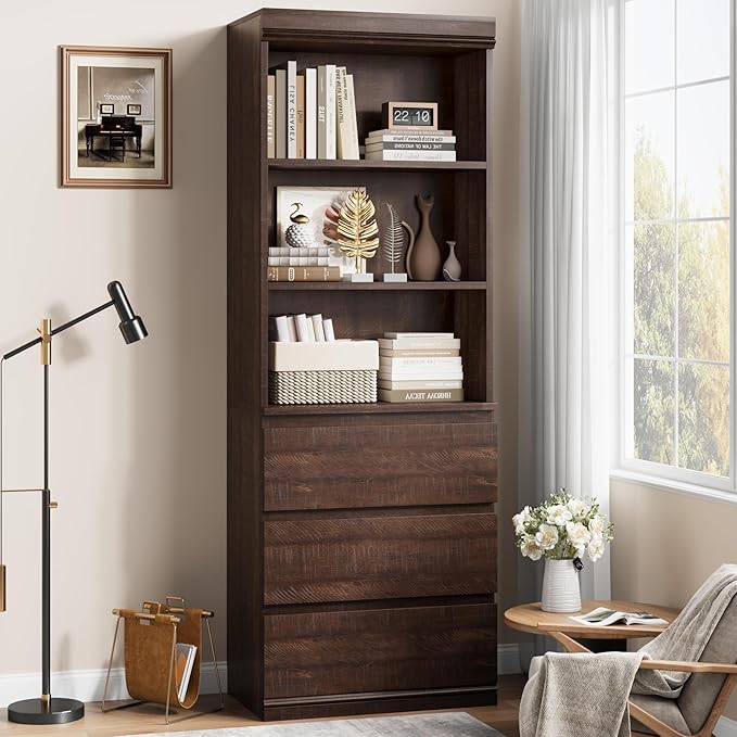 GarveeHome 70" Tall Bookcase with Drawers, Bookshelf w/ 3 Tier Open Shelves & 3 Storage Drawers, Modern Deep Storage Book Shelf Storage Cabinet Organizer for Living Room Office Library (Brown)