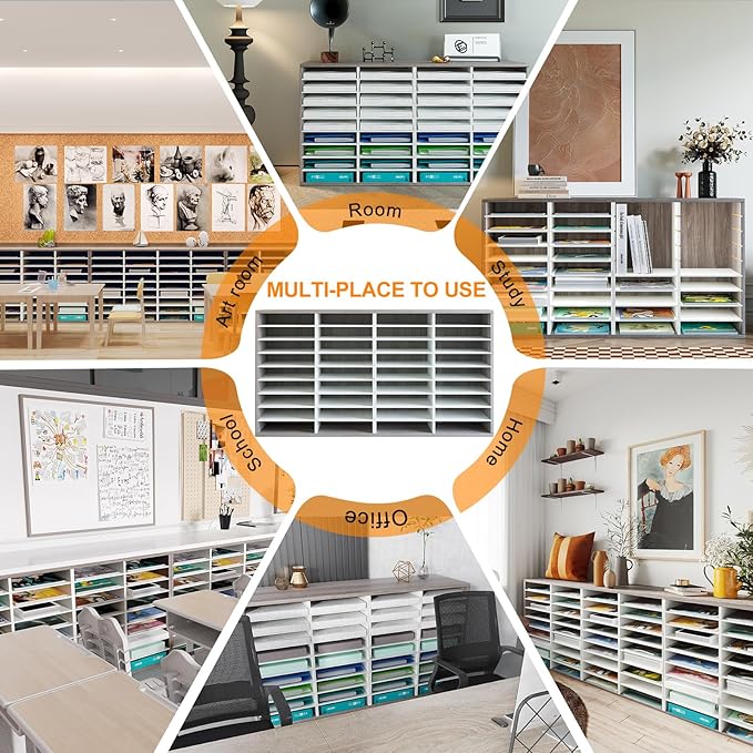 TQVAI Literature Organizer, Heavy Duty 36 Compartments Countertop Mail Organizer with Adjustable Shelves, Wooden Desk Paper Storage Organizer, Mailboxes Cubbies for Office, Classroom, Retro Grey/White
