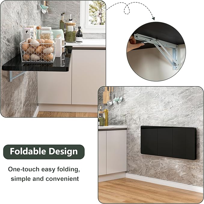 Clikuutory Wall Mounted High Gloss Folding Table 39.4" L x 19.7" W, Laundry Folding Table for Laundry Room, Home Office, Kitchen, Bedroom, Home Bar, Wall Desk Fold Down for Small Spaces, Black