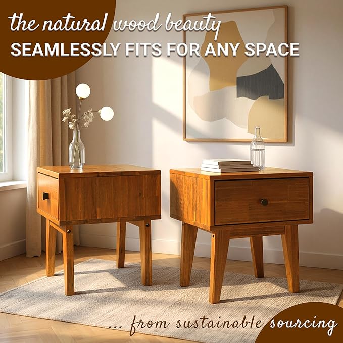 Acacia Sofia Nightstand with Drawer, Bedside Table, Solid Wood Bedside End Table with Drawer and Storage Space for Bedroom, Caramel
