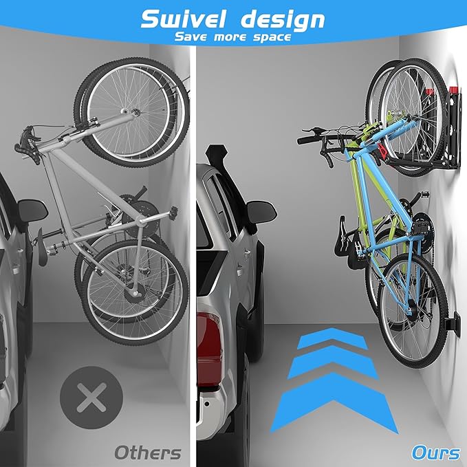 WALMANN BIKEPAL No Lifting Wall Mount Swivel Bike Rack, Vertical Bike Wall Hangers for Garage Space Saving Bike Storage Solution(2 Pack)