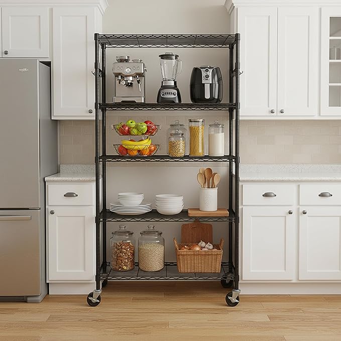5 Tier Storage Shelves with Wheels - Adjustable Wire Shelving Unit Metal Shelves for Storage Rolling Utility Shelf Organizer Rack for Kitchen Garage Pantry Closet Laundry(14D x 36W x 75H)