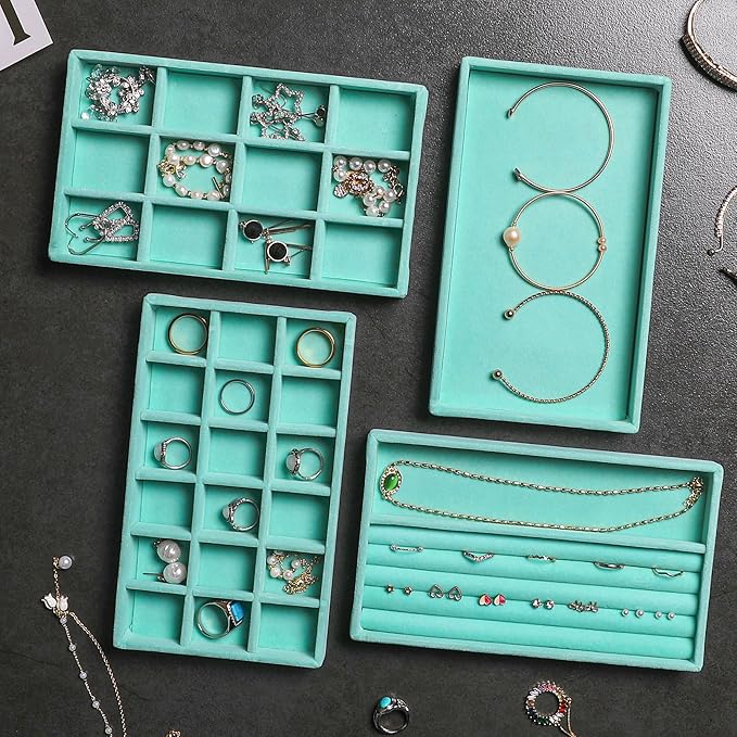 Frebeauty Jewelry Organizer Tray,Stackable Velvet Jewelry Trays,Drawer Inserts Earring Organizer For Women Jewelry Storage Display Case for Rings Stud Necklaces,Set of 6(Turquoise)