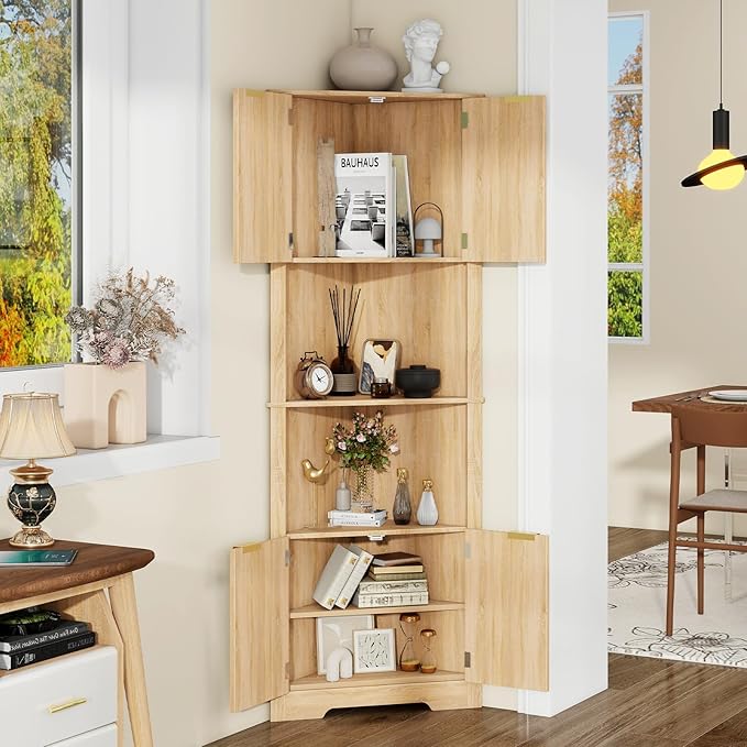 Vabches Corner Bathroom Cabinet, 64 Inch Tall Modern Fluted Corner Cabinet with Doors and Adjustable Shelf Bathroom Space Saver Storage Organizer for Laundry Room, Kitchen(Natural Oak)