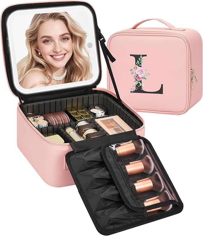 Relavel Initial Makeup Bag with LED Mirror for Women Girls, Personalized Travel Cosmetic Organizer Train Case, Birthday Gifts for Grandkids Bridesmaid Graduation Teacher Friends, Trendy Stuff, Pink L