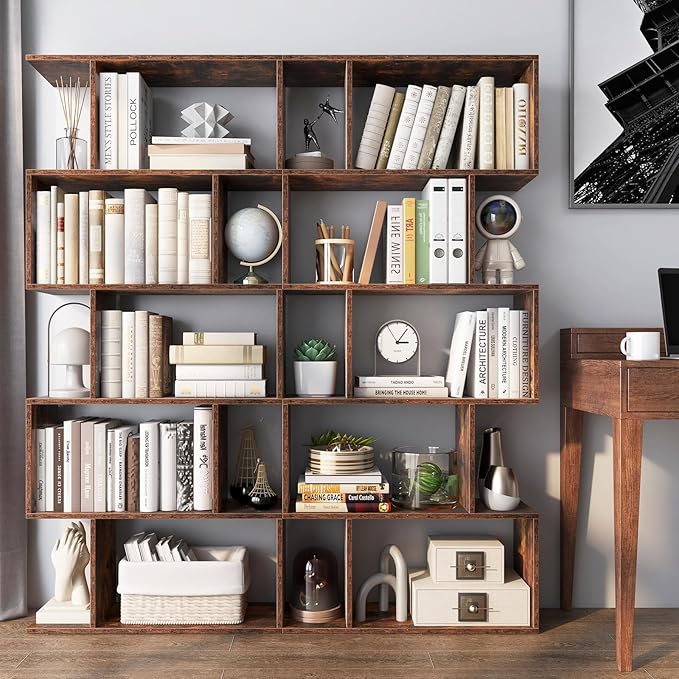 5-Tier Geometric Bookcase Set of 2, 62.5” Freestanding Room Divider Bookshelf with Open Display Shelves & Anti-tip Device, Wood S-Shaped Storage Organizer for Living Room, Bedroom & Home Office