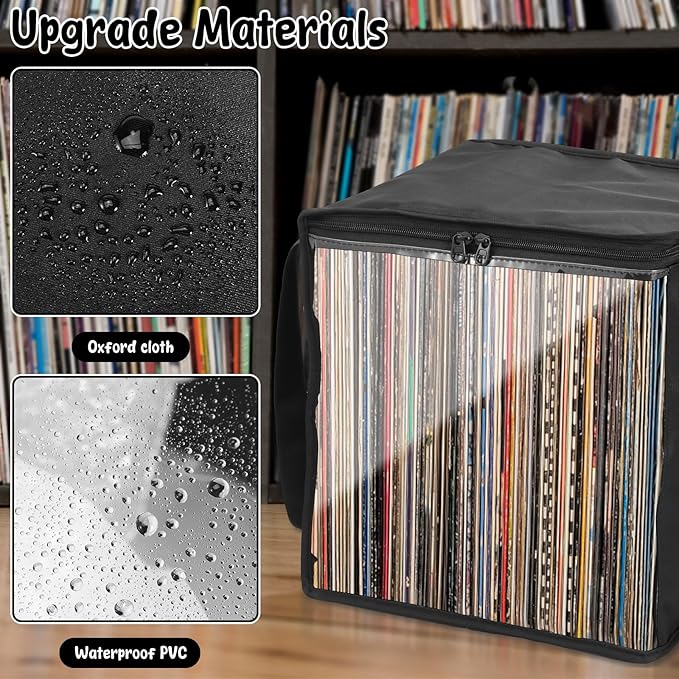 1/4 Pcs Vinyl Record Storage Box with Lid and Handles, Oxford Cloth Record Album Storage Crate, Foldable and Stackable Record Organizer Storage Case for Collecting Valuable Album (4PCS)