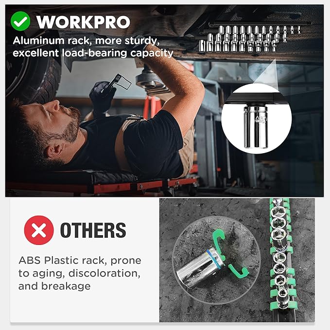 WORKPRO Magnetic Socket Organizer, 1/2-Inch Drive Aluminum Alloy Socket Rail, Heavy Duty Socket Holder, Socket Rack Kit 1/2-Inch x 10 Clips Black (Socket not Included)
