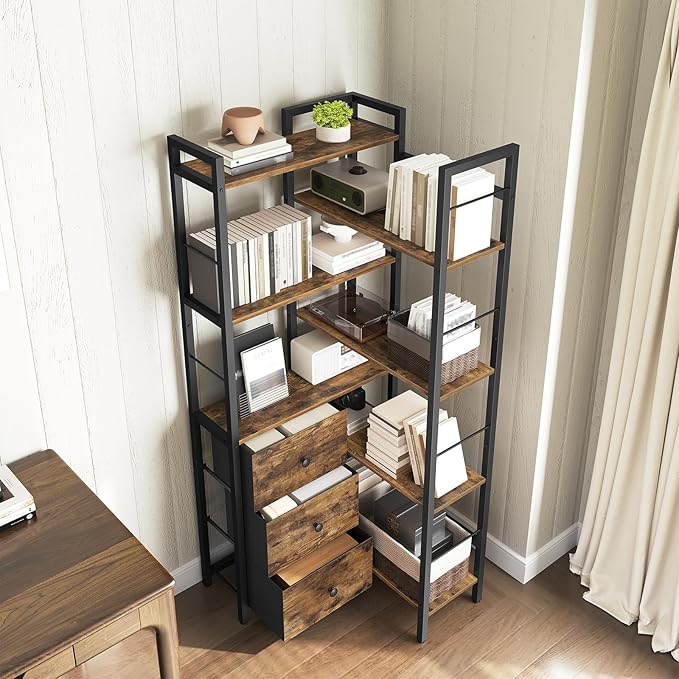 Corner Bookshelf, 7 Tier L-Shaped Bookcase with 3 Drawers, Storage Corner Shelf, Freestanding Tall Display Shelf, Industrial Style, for Living Room, Home Office, Rustic Brown and Black SJ10BR