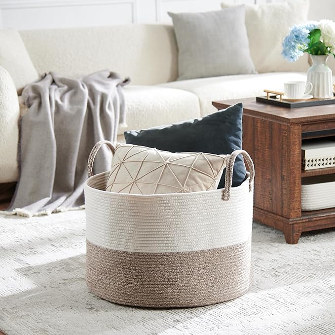 Luxury Little XXXL Nursery Storage Basket, 22 x 22 x 14 inches - 100% Cotton Rope Baskets with Handles, Laundry Basket for Toys, Blankets and Pillows - Off White & Beige
