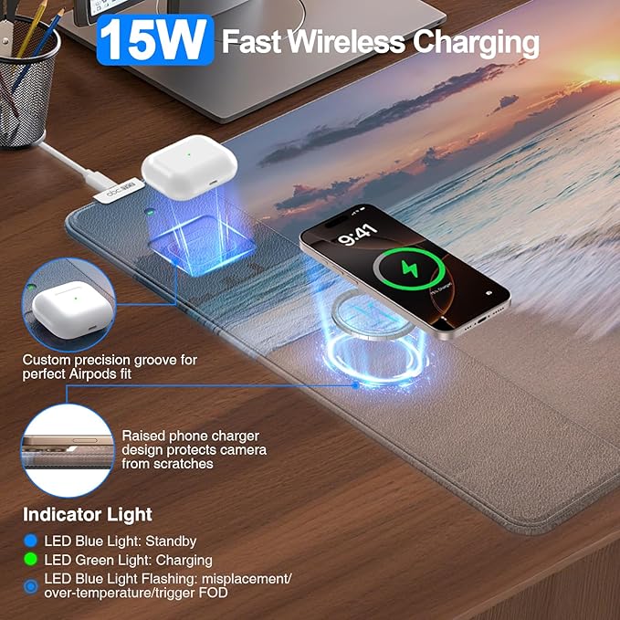 Wireless Charging Mouse Pad, 31.5"x15.8" Large Gaming Desk Mat for Keyboard/Laptop, Waterproof Ultra-Smooth Surface, Non-Slip Base, with 20W PD Adapter, Beach Sunset