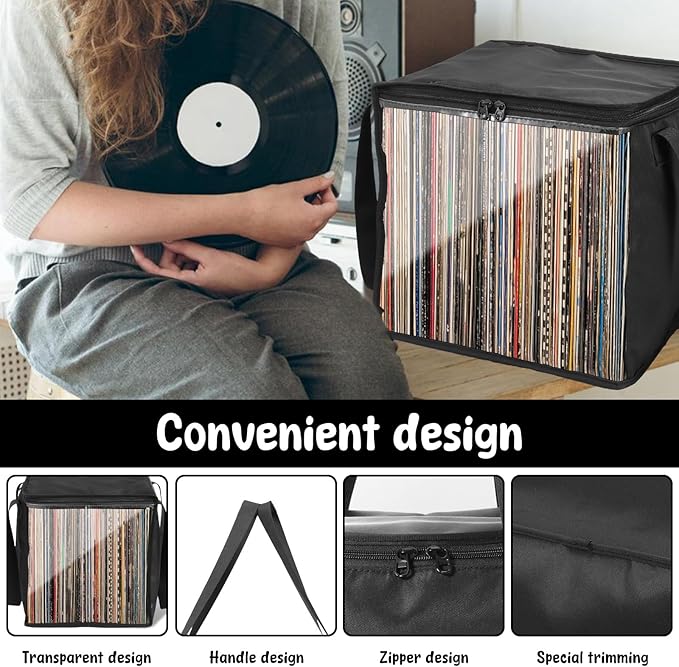 1/4 Pcs Vinyl Record Storage Box with Lid and Handles, Oxford Cloth Record Album Storage Crate, Foldable and Stackable Record Organizer Storage Case for Collecting Valuable Album (2PCS)