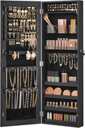 SONGMICS Mirror Jewelry Cabinet Armoire, Wall or Door Mounted Jewelry Storage, Hanging Lockable Frameless with 2 Plastic Cosmetic Organizers, Christmas Gift Idea, Black UJJC001B01