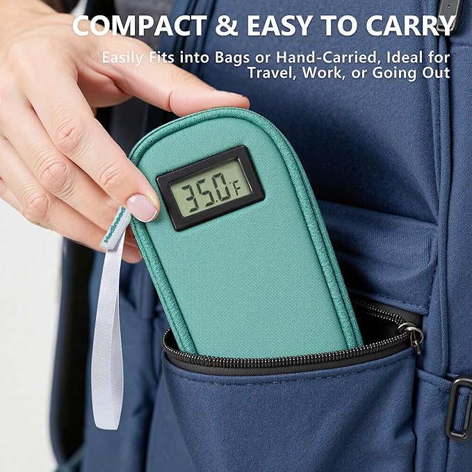 Insulin Cooler Travel Case TSA Approved with Temperature Display – Diabetic Medication Travel Case with 2 × 90g Ice Packs, Portable Medicine Organizer for 3–4 Insulin Pens and Diabetic Supplies(Green)