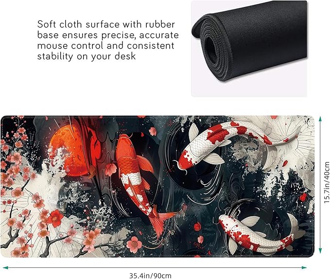 Koi Fish Large Mouse Pad,Gaming Keyboard Desk Pad,Extended Mouse Mat Non-Slip Rubber Base with Stitched Edges for Office Game Home XXL 35.4"x15.7"