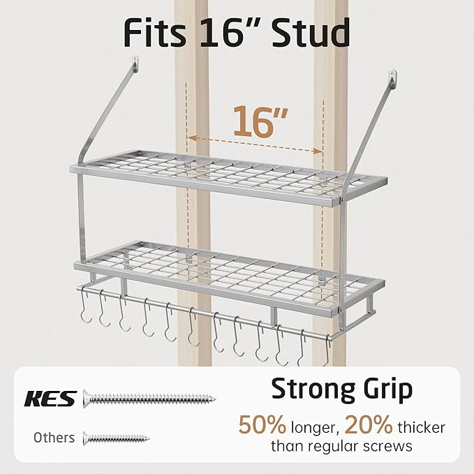 KES 30-Inch Silver Gray Pot Rack Wall Mounted, 2-Tier Hanging Pot and Pan Organizer with 12 Sturdy Hooks, Kitchen Wall Hanger Shelves Modern, KUR215S75B-SG