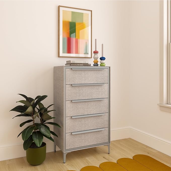 tinge Naima Premium Fabric Dresser - Strong Metal Frame, 5 Spacious Sag-Proof Drawers with Sleek Metal Handles - Premium & Durable Storage Solution for Your Home (Silver)