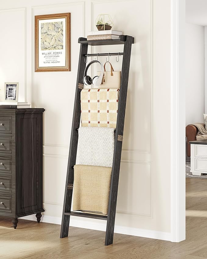 Blanket Ladder Shelf, Decorative Quilt Rack,6-Tier Farmhouse Ladder Holder Organizer with 4 Removable Hooks, Black BR35804B