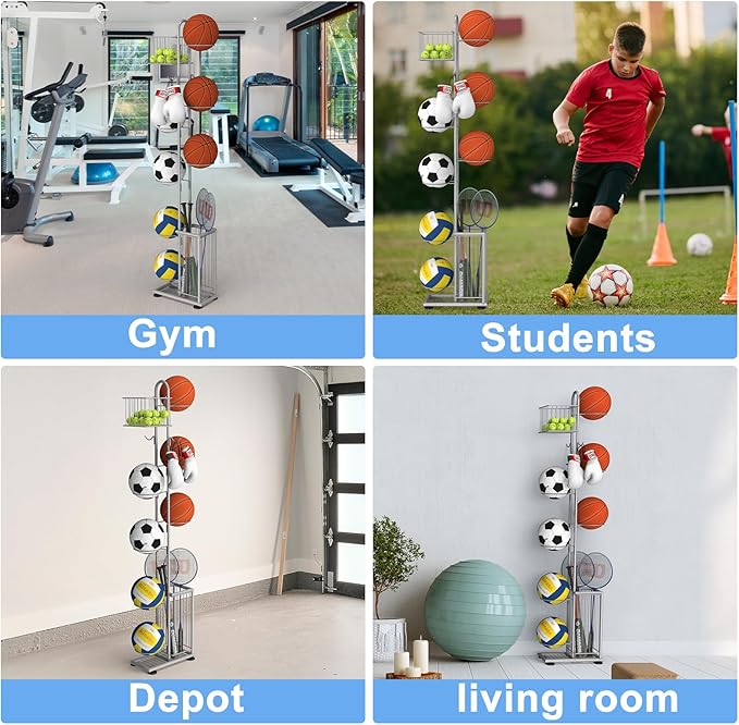 7 Tier Ball Storage Rack, Basketball Holder, Garage Sports Equipment Organizer with Basket & Hooks, Basketball Rack for Indoor/Outdoor, Ball rack for Basketballs Footballs Volleyball, Silver