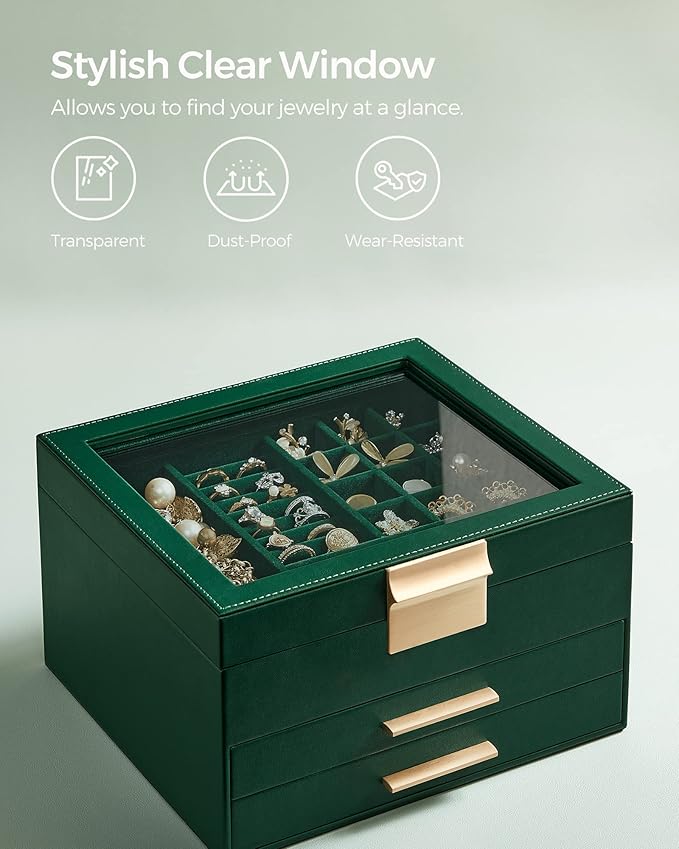SONGMICS Jewelry Box Organizer with Glass Lid, 3-Layer Jewelry Storage, with 2 Drawers, Modern Style, Christmas Gift, 8 x 9.1 x 5.3 Inches, Forest Green and Gold Color UJBC239C01