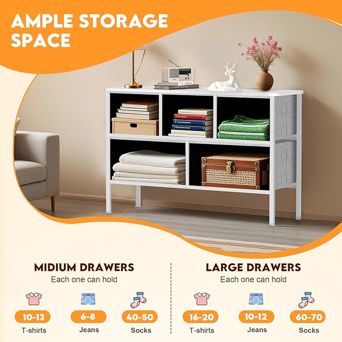 Curved Profile Dresser for Bedroom, Chest of Drawers, 5 Storage Drawers Organizer Unit, Black Dresser with Fabric Bins for Closet, Living Room, Kid Room (White)