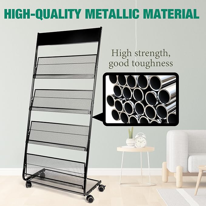 Floor Magazine Rack Brochure Display Stand 4-Layer With Wheels And Top Billboard, Newspaper Magazine Holder High-Hardness For Office Exhibitions, Black (57.5''*25''*13.2'')