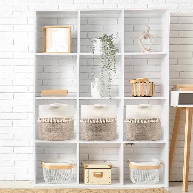 danpinera 11 Inch Storage Baskets Set of 3, Cotton Woven Baskets for Storage with Strong Handles & Stylish Tassel, Storage Bins, Decorative baskets for shelves, Nursery, Laundry, White & Mixed Brown